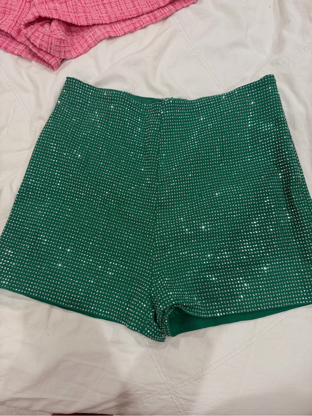 High-Waist Emerald Green Embellished Shorts